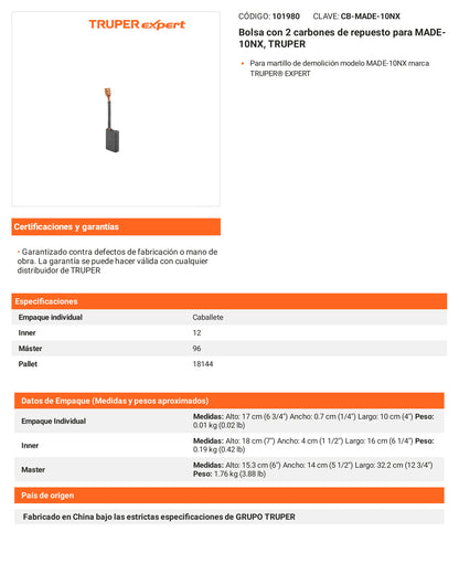 Ficha tecnica - 2 carbones para MADE-10NX - SKU 101980