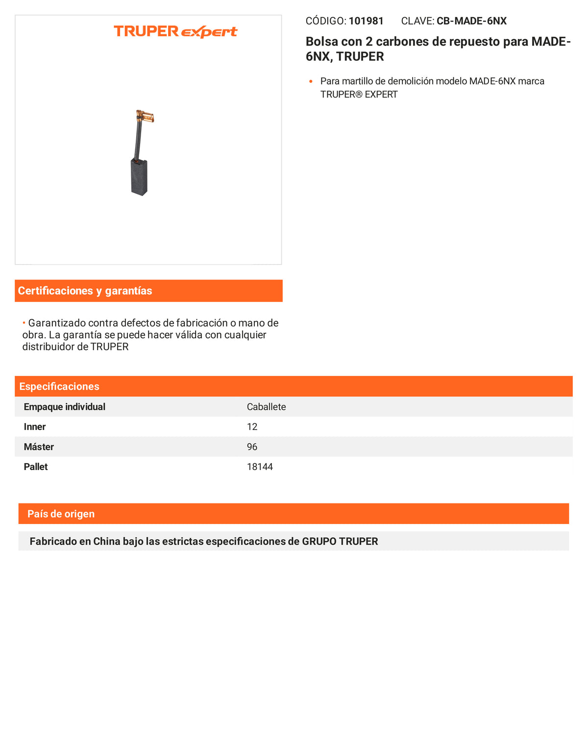 Ficha tecnica - 2 carbones para MADE-6NX - SKU 101981