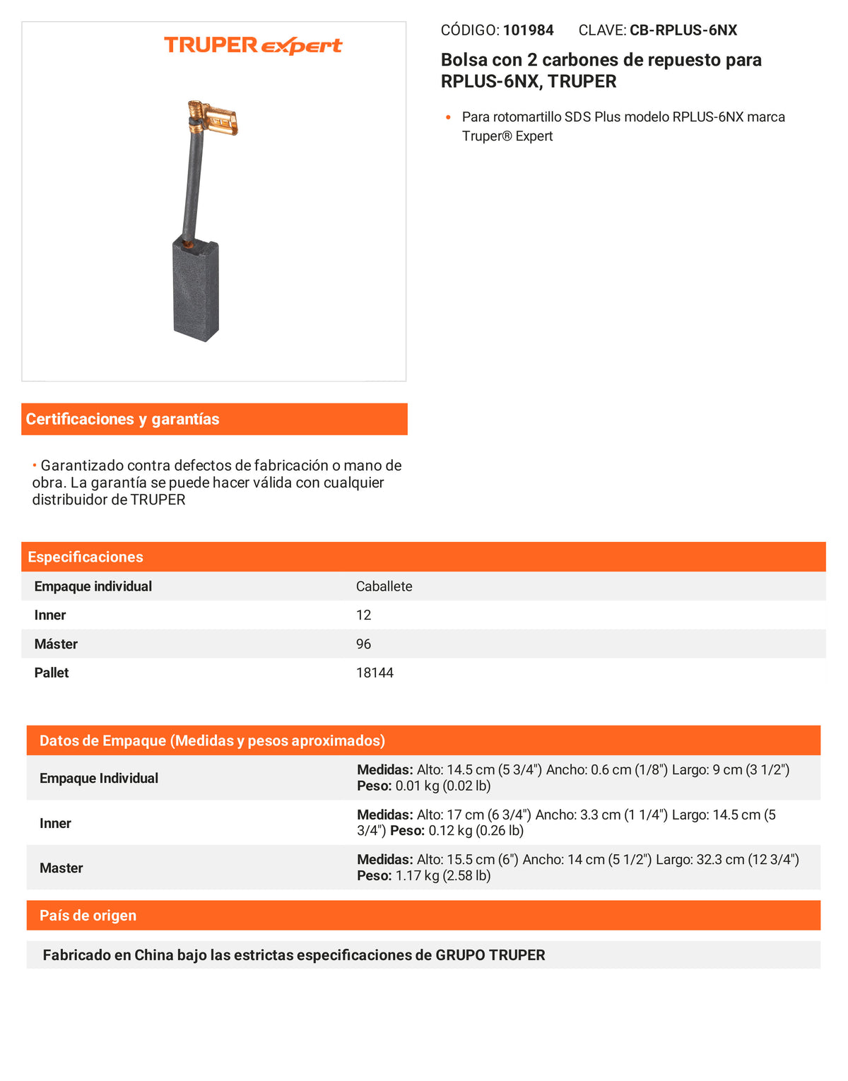 Ficha tecnica - 2 carbones para RPLUS-6NX - SKU 101984