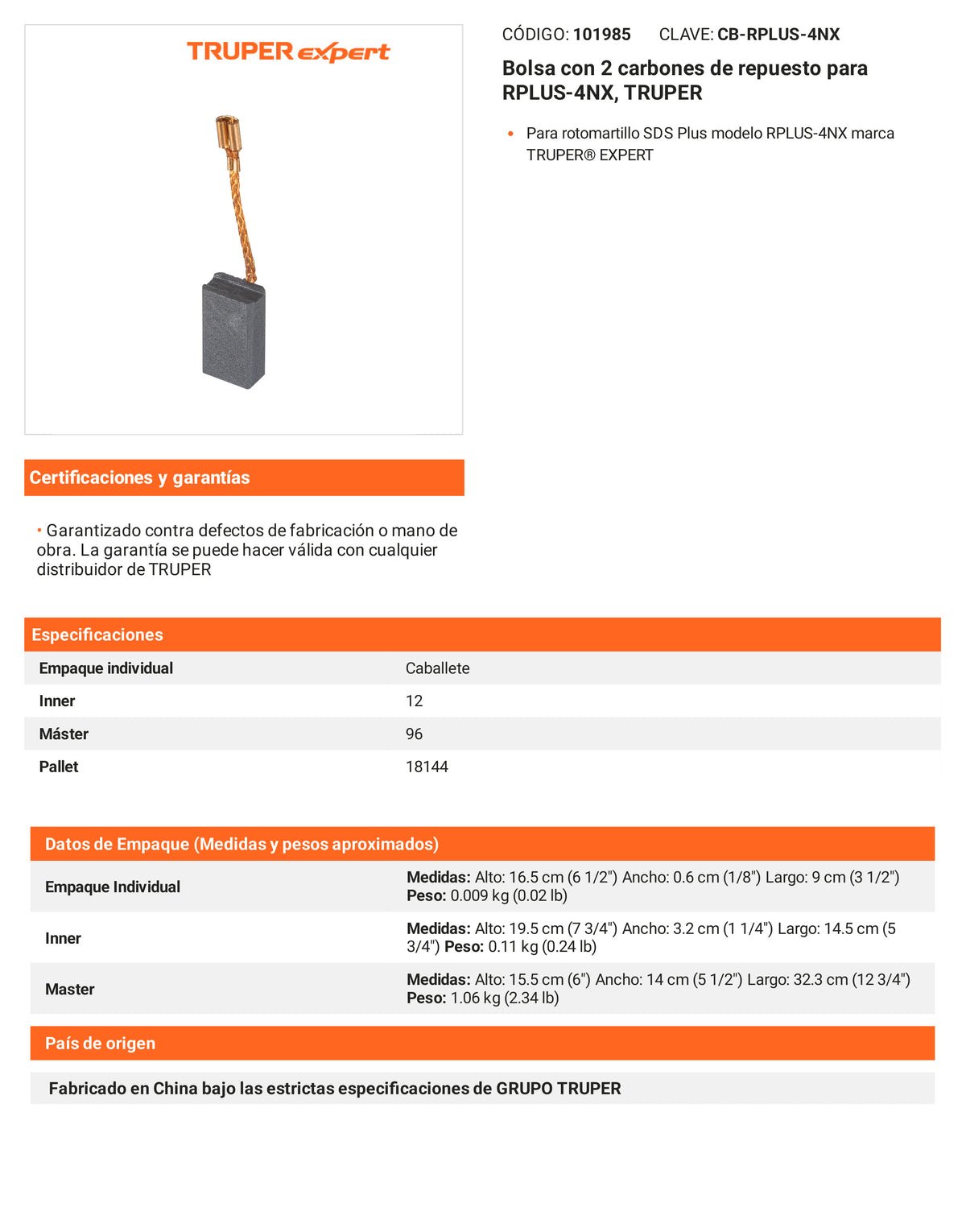 Ficha tecnica - 2 carbones para RPLUS-4NX - SKU 101985
