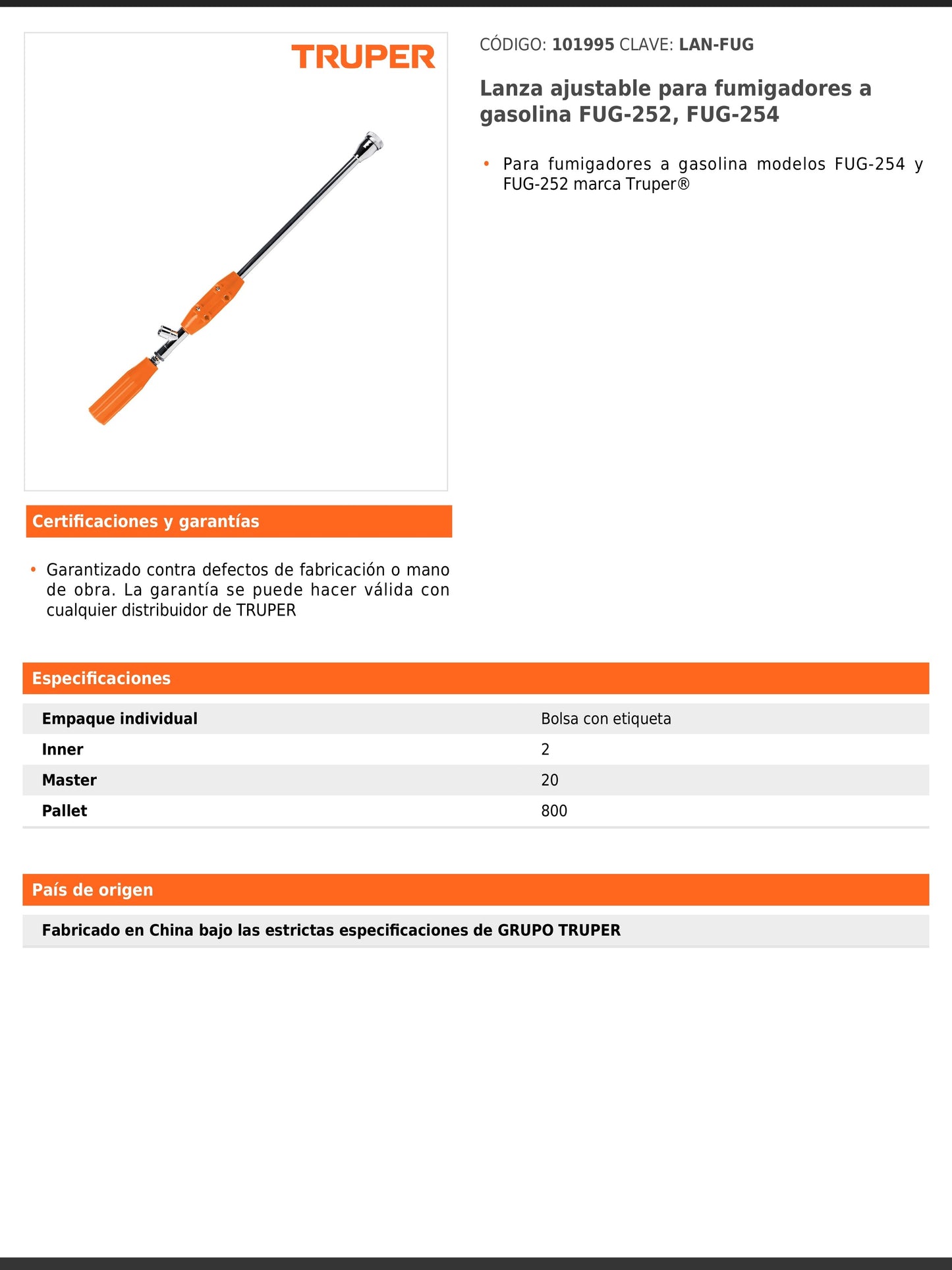 Lanza ajustable para fumigadores a gasolina modelos FUG 252 y FUG 254