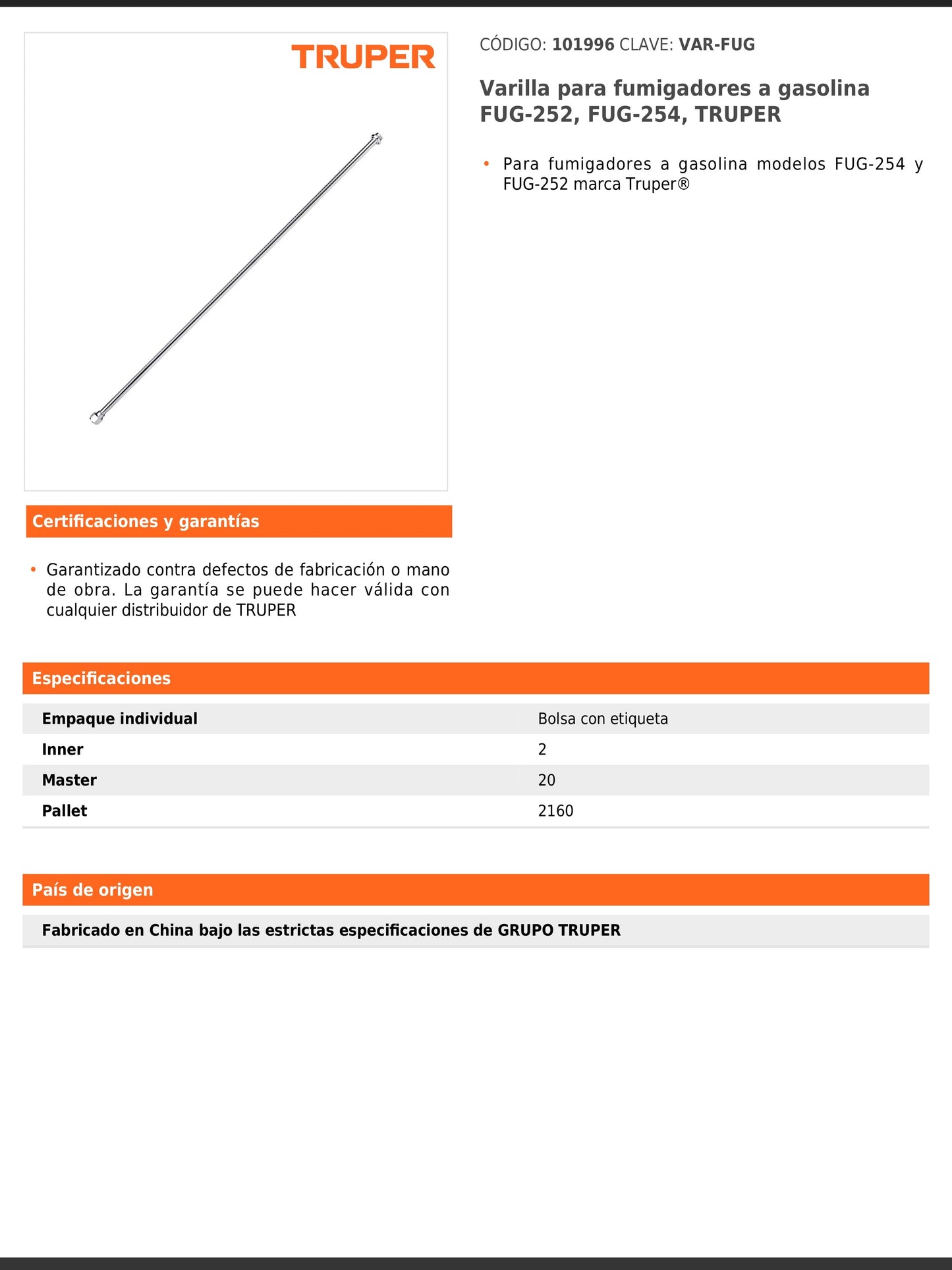 Varilla para fumigadores a gasolina modelos FUG 252 y FUG 254
