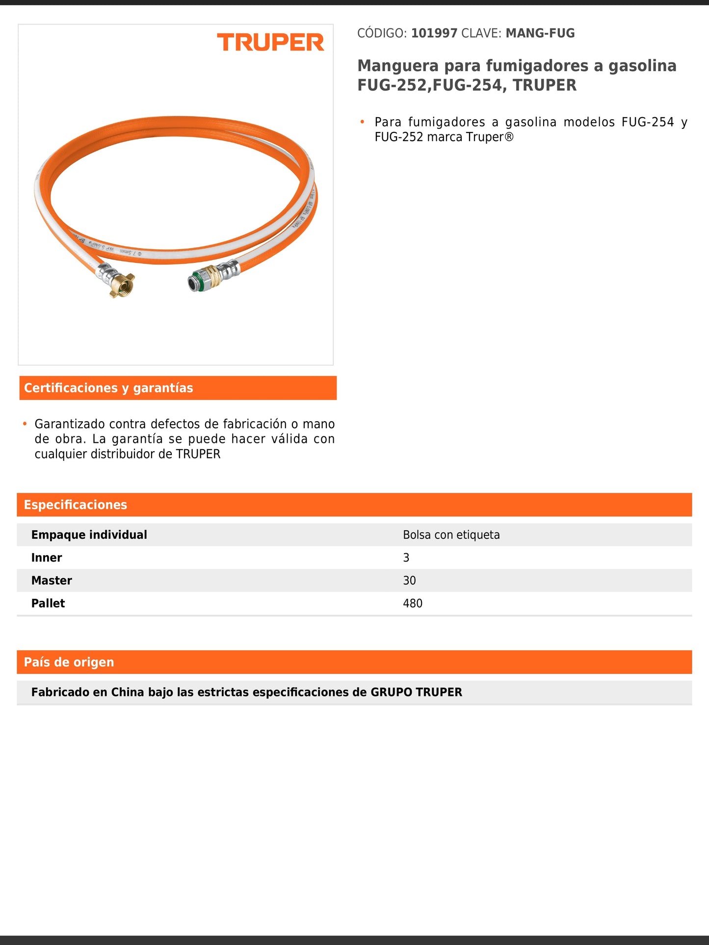 Manguera para fumigadores a gasolina modelos FUG 252 y FUG 254