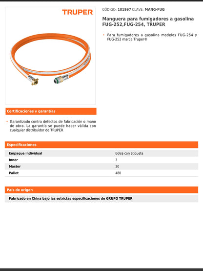 Manguera para fumigadores a gasolina modelos FUG 252 y FUG 254