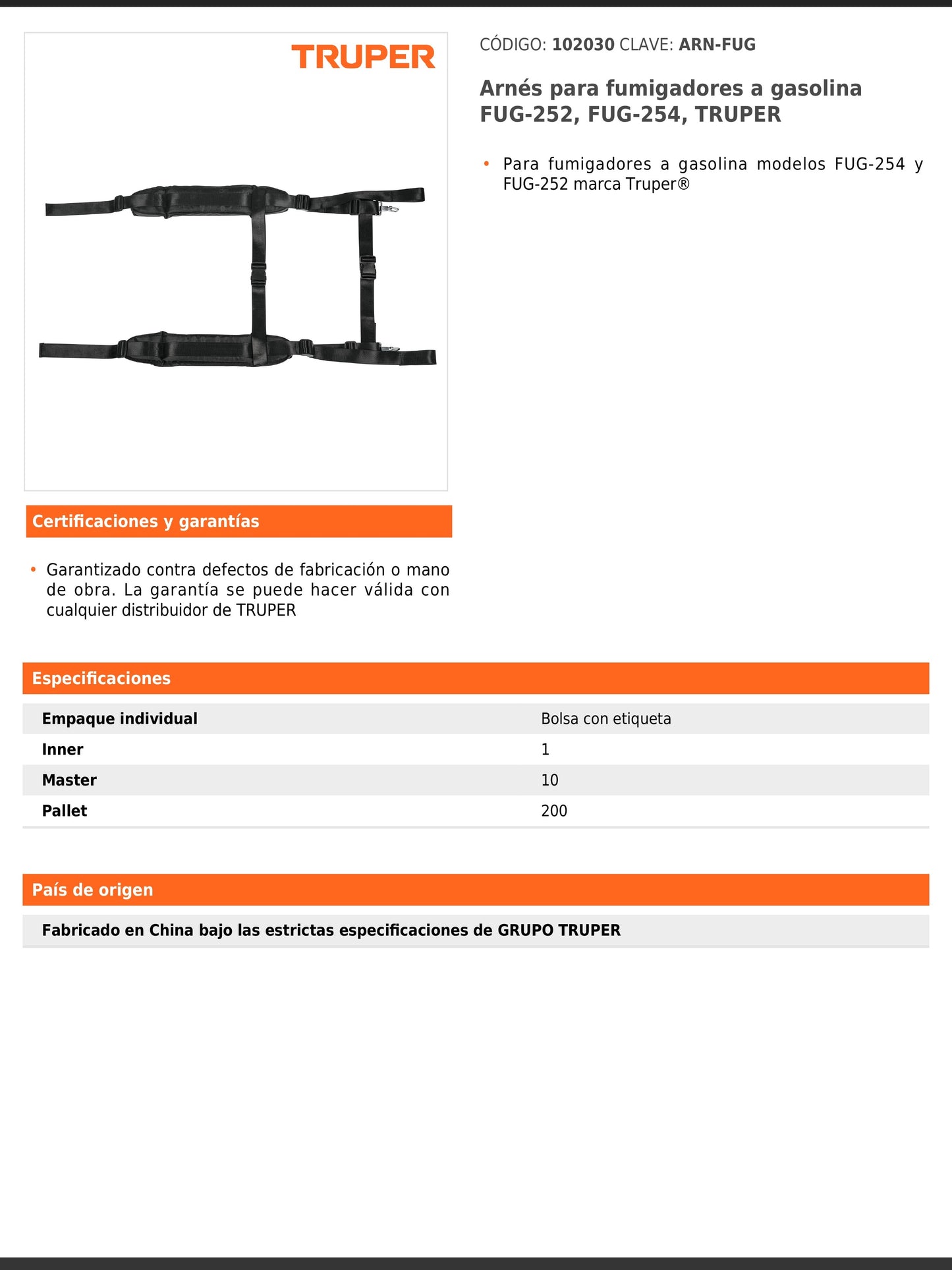 Arnés para fumigadores a gasolina modelos FUG 252 y FUG 254