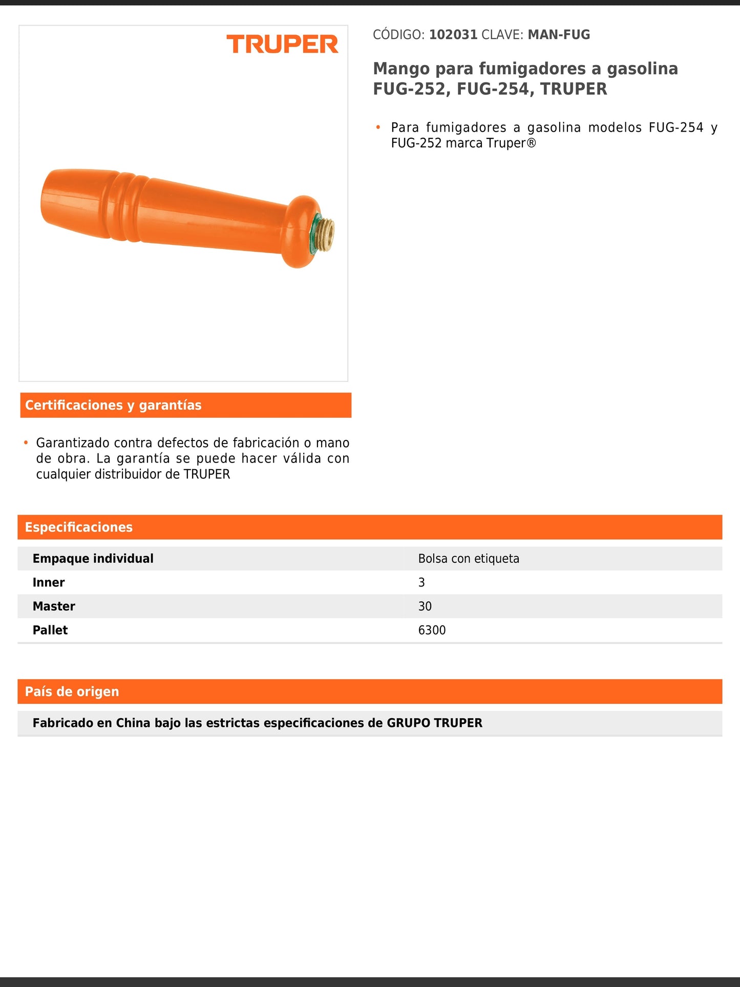 Mango para fumigadores a gasolina modelos FUG 252 y FUG 254