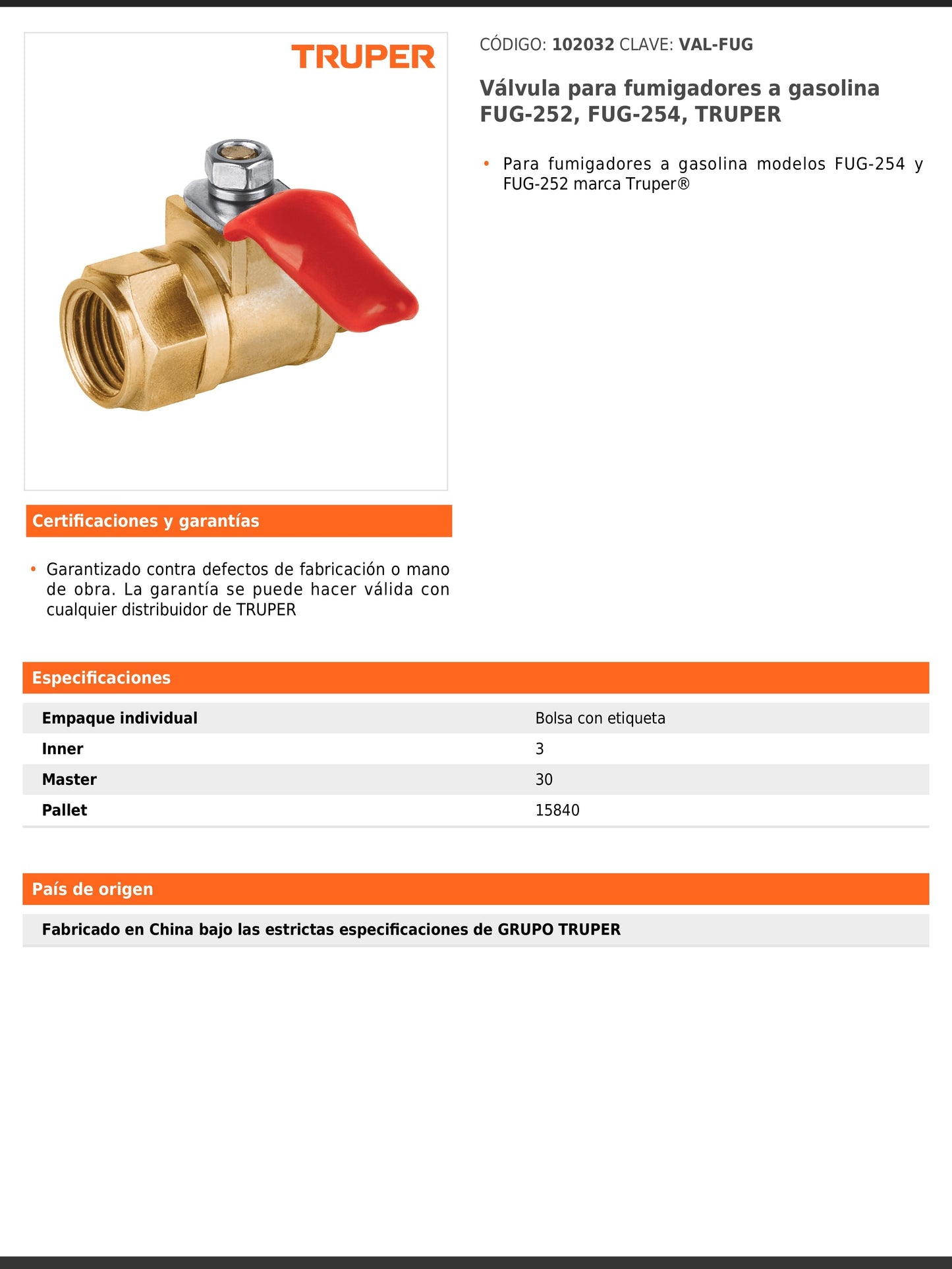 Válvula para fumigadores a gasolina modelos FUG 252 y FUG 254