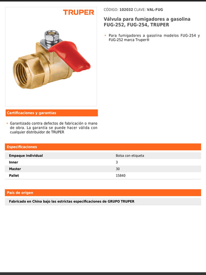 Válvula para fumigadores a gasolina modelos FUG 252 y FUG 254