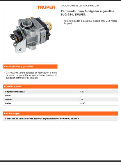 Carburador para fumigador a gasolina modelo FUG 254