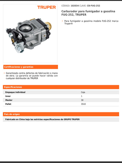 Carburador para fumigador a gasolina modelo FUG 252