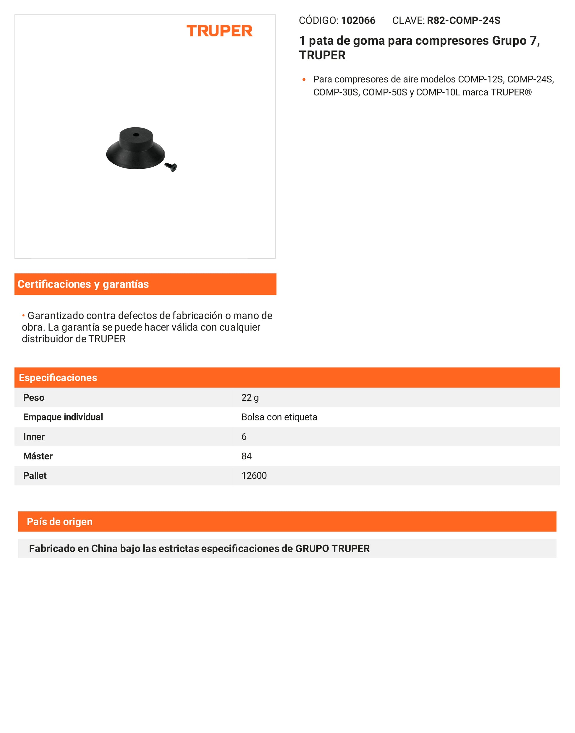 Ficha tecnica - 1 pata de goma para compresores - SKU 102066