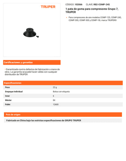 Ficha tecnica - 1 pata de goma para compresores - SKU 102066