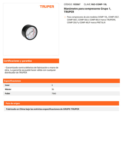 Ficha tecnica - Manometro para compresores Grupo 1 - SKU 102067