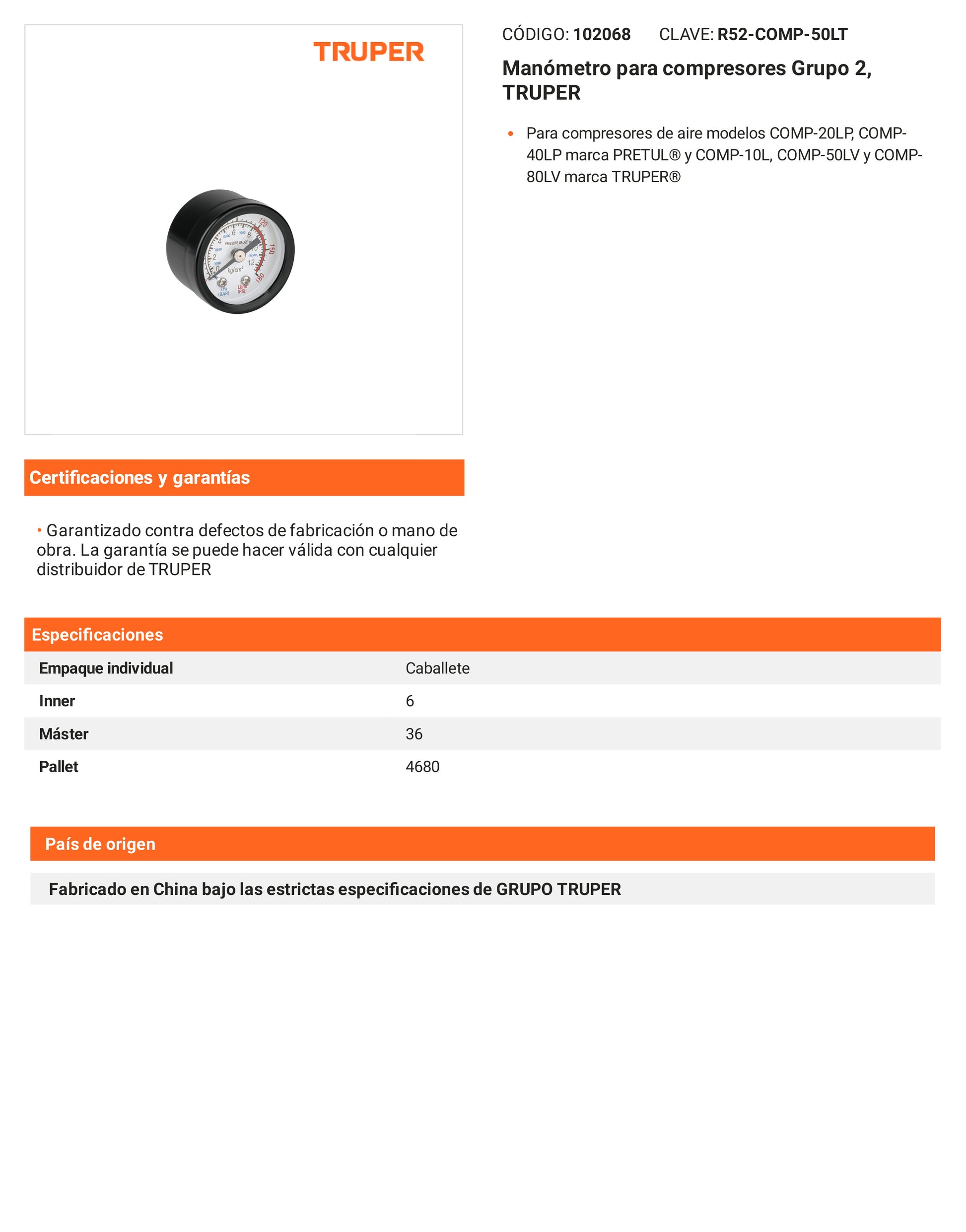 Ficha tecnica - Manometro para compresores Grupo - SKU 102068