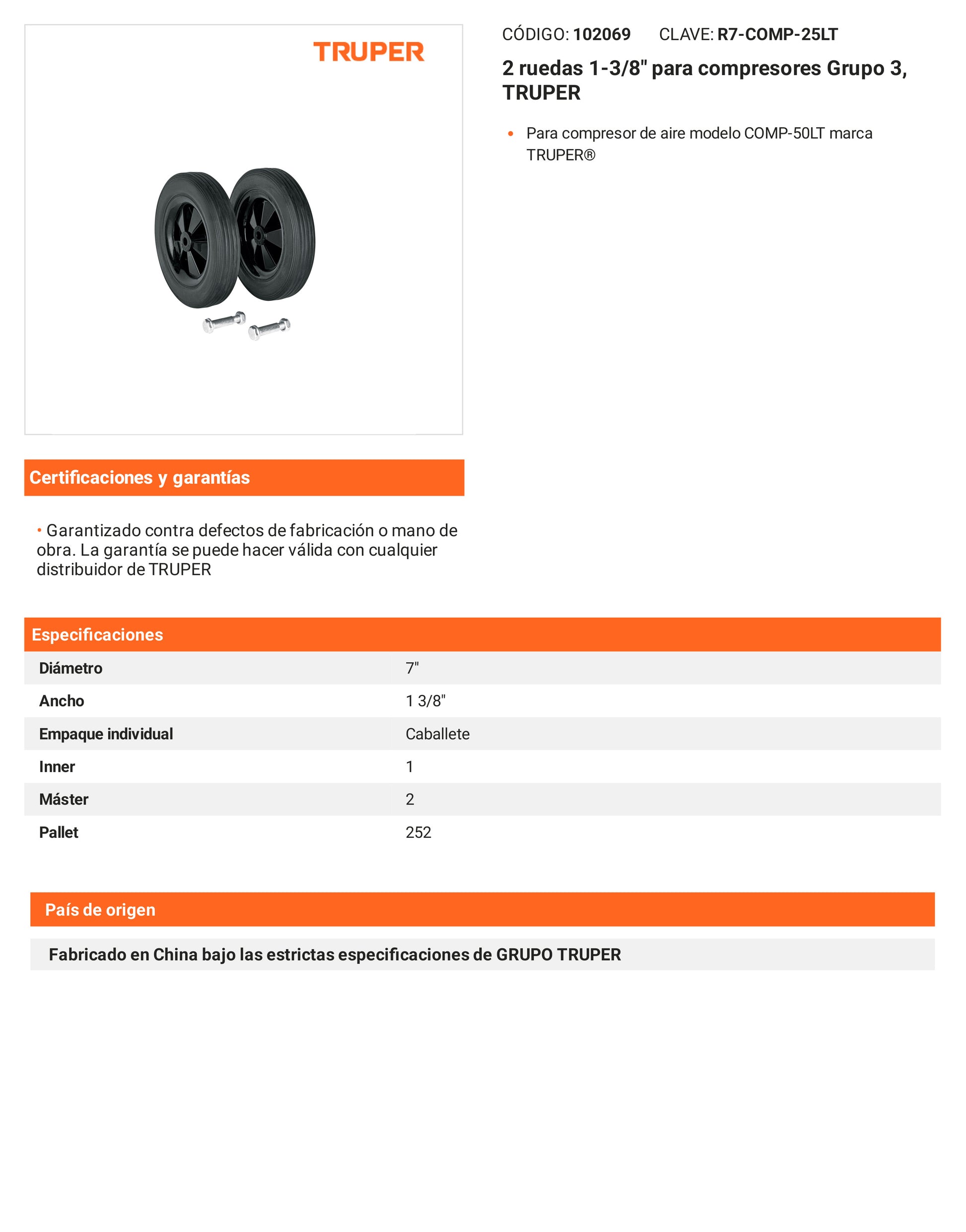 Ficha tecnica - 2 ruedas 1-3/8 pulg para compresores Grupo - SKU 102069