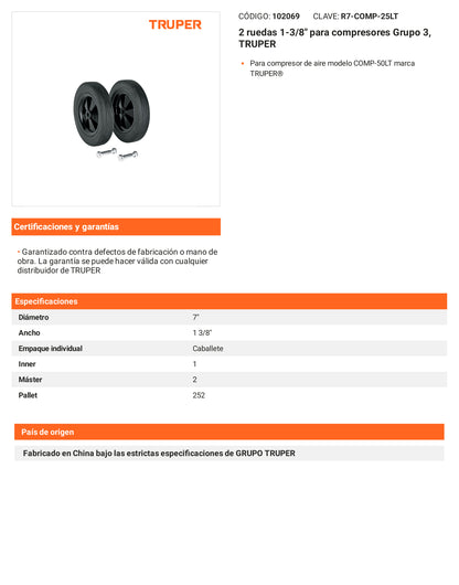 Ficha tecnica - 2 ruedas 1-3/8 pulg para compresores Grupo - SKU 102069
