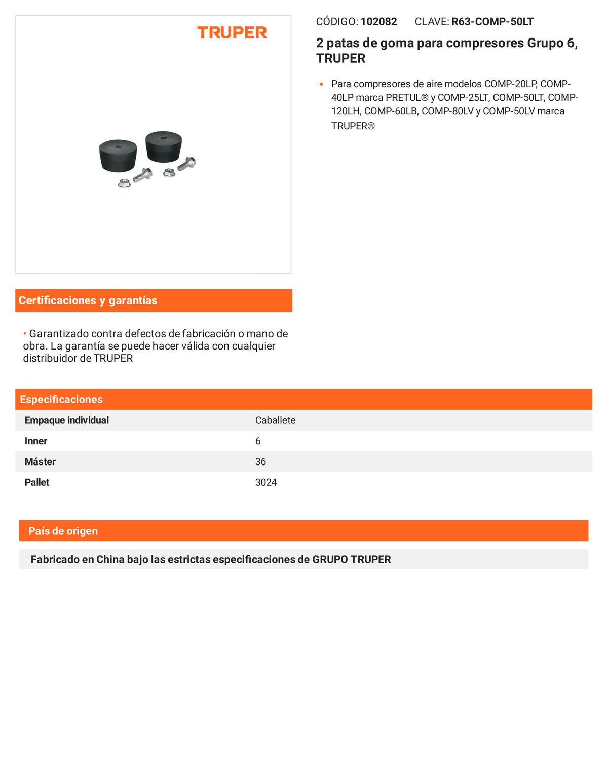 Ficha tecnica - 2 patas de goma para compresores - SKU 102082