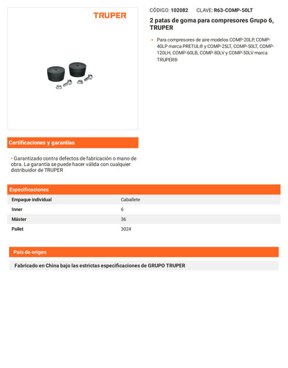Ficha tecnica - 2 patas de goma para compresores - SKU 102082