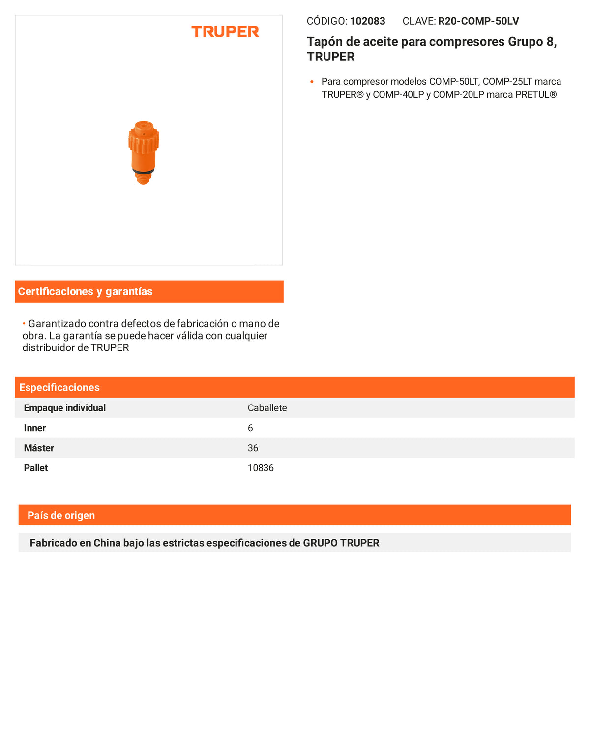 Ficha tecnica - Tapon de aceite para compresores Grupo - SKU 102083