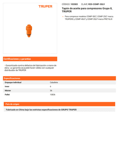Ficha tecnica - Tapon de aceite para compresores Grupo - SKU 102083