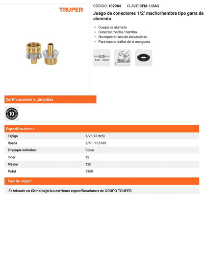 Juego de conectores 1/2pulg. macho/hembra tipo garra