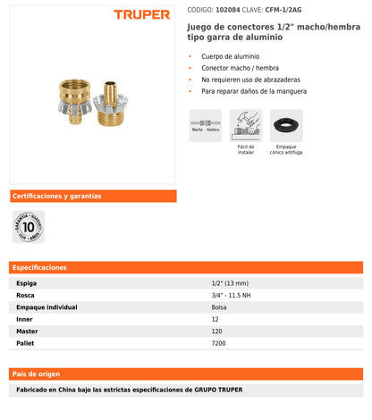 Juego de conectores tipo garra de aluminio macho y hembra para manguera de 1/2"