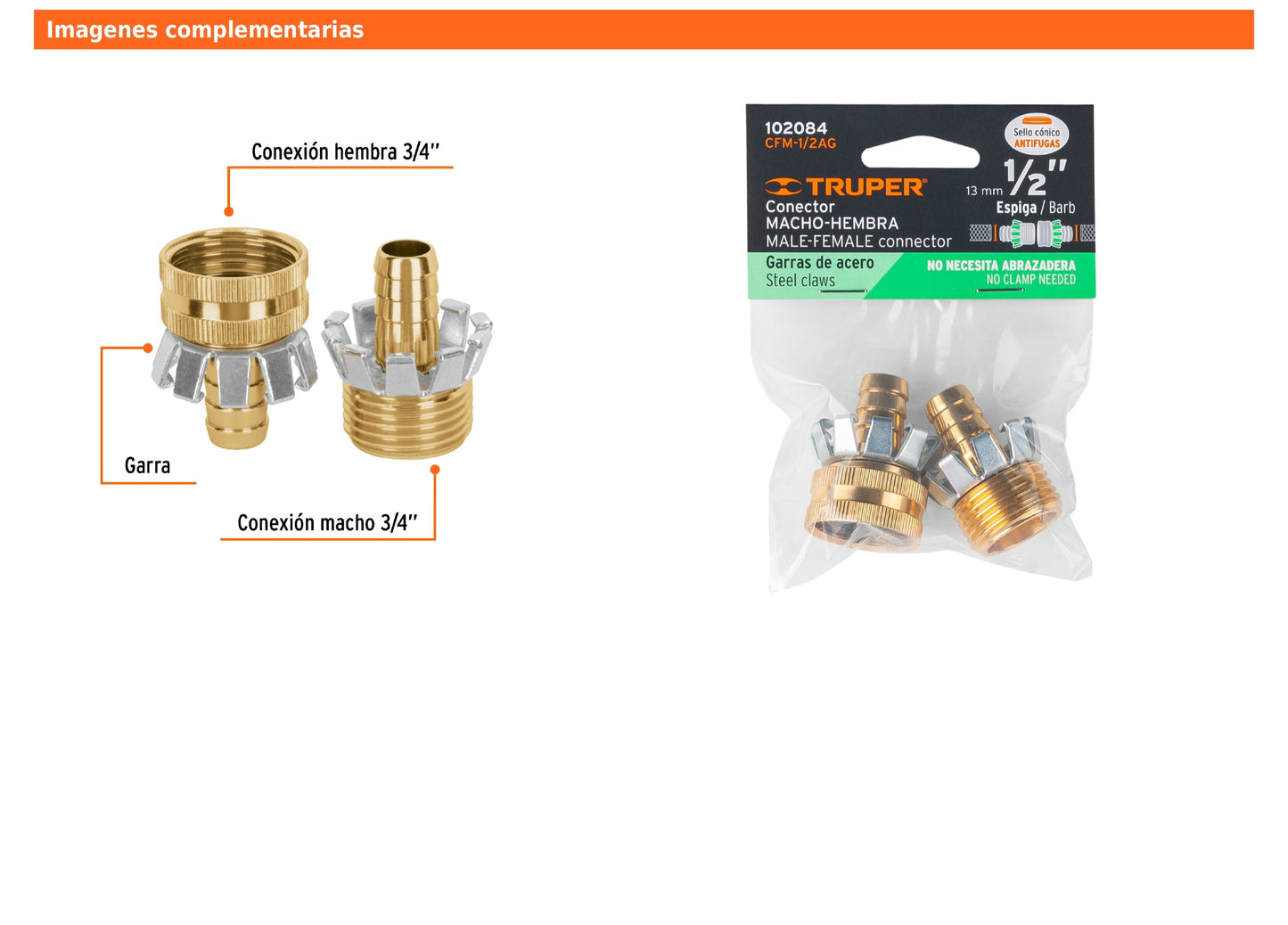 Juego de conectores tipo garra de aluminio macho y hembra para manguera de 1/2"