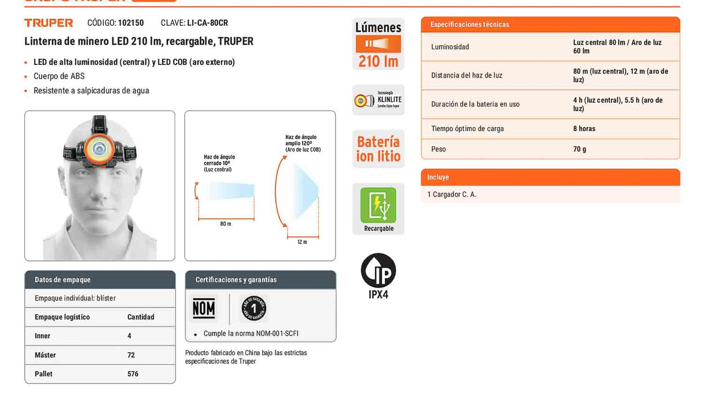 Linterna de minero LED 210 lm recargable