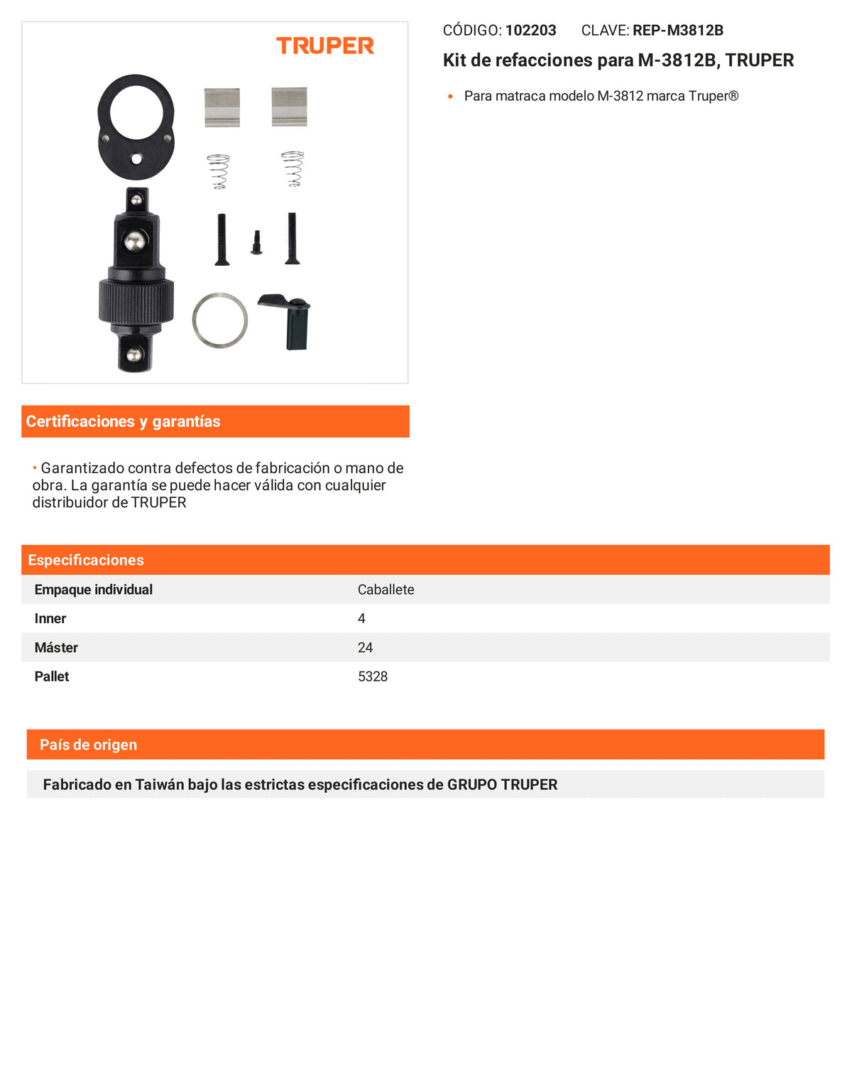 Ficha tecnica - Kit de refacciones para M-3812B - SKU 102203
