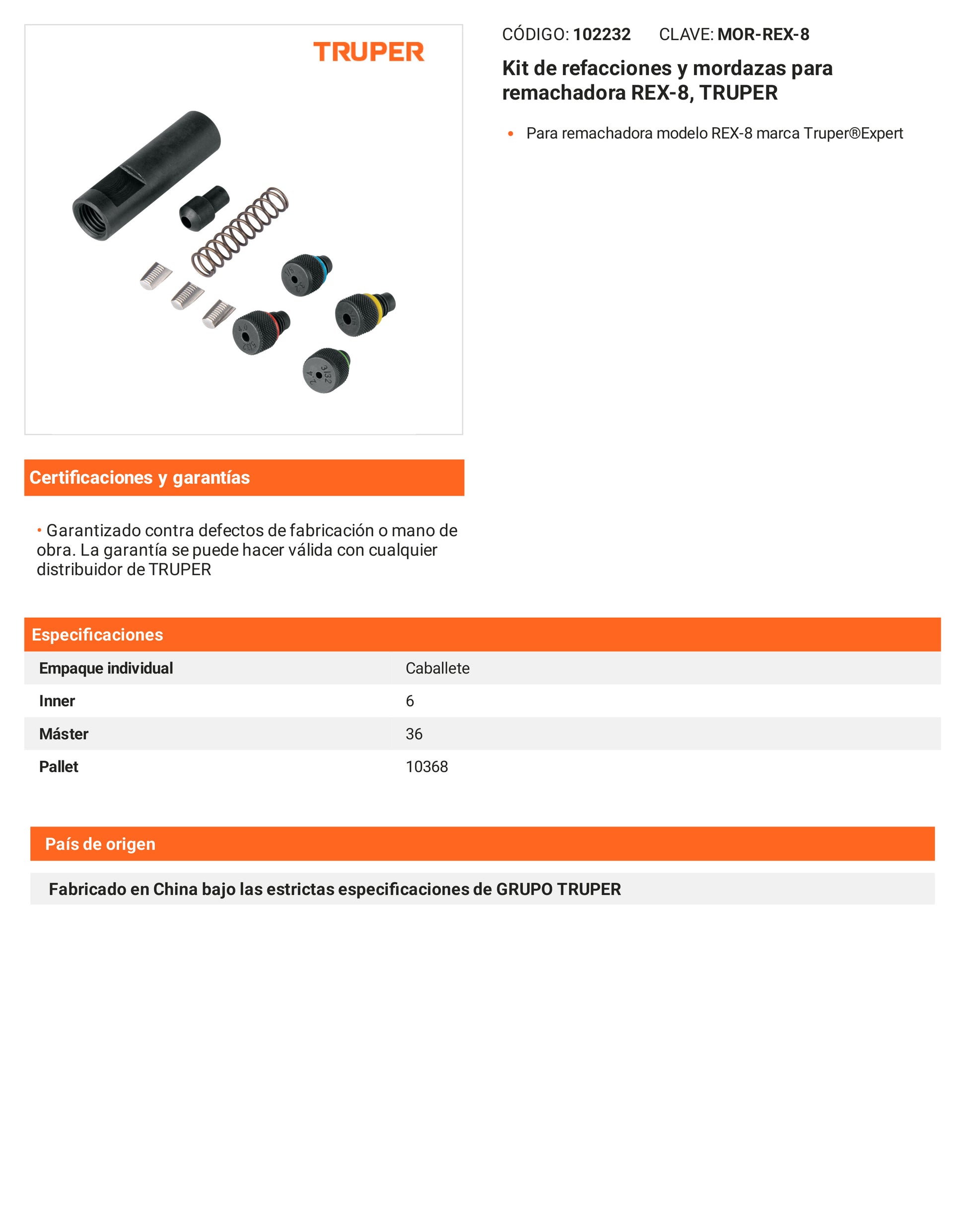 Ficha tecnica - Kit de refacciones y mordazas REX-8 - SKU 102232