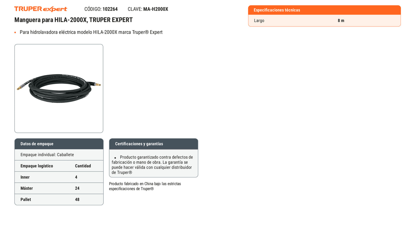 Ficha tecnica - Manguera para HILA-2000X - SKU 102264