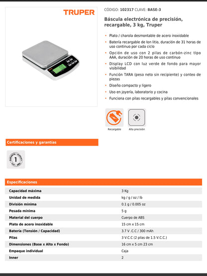 Báscula electrónica de precisión recargable de 3 kg