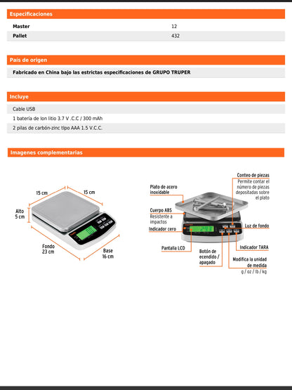 Báscula electrónica de precisión recargable de 3 kg