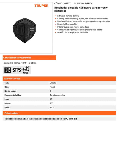 Respirador plegable N95 color negro