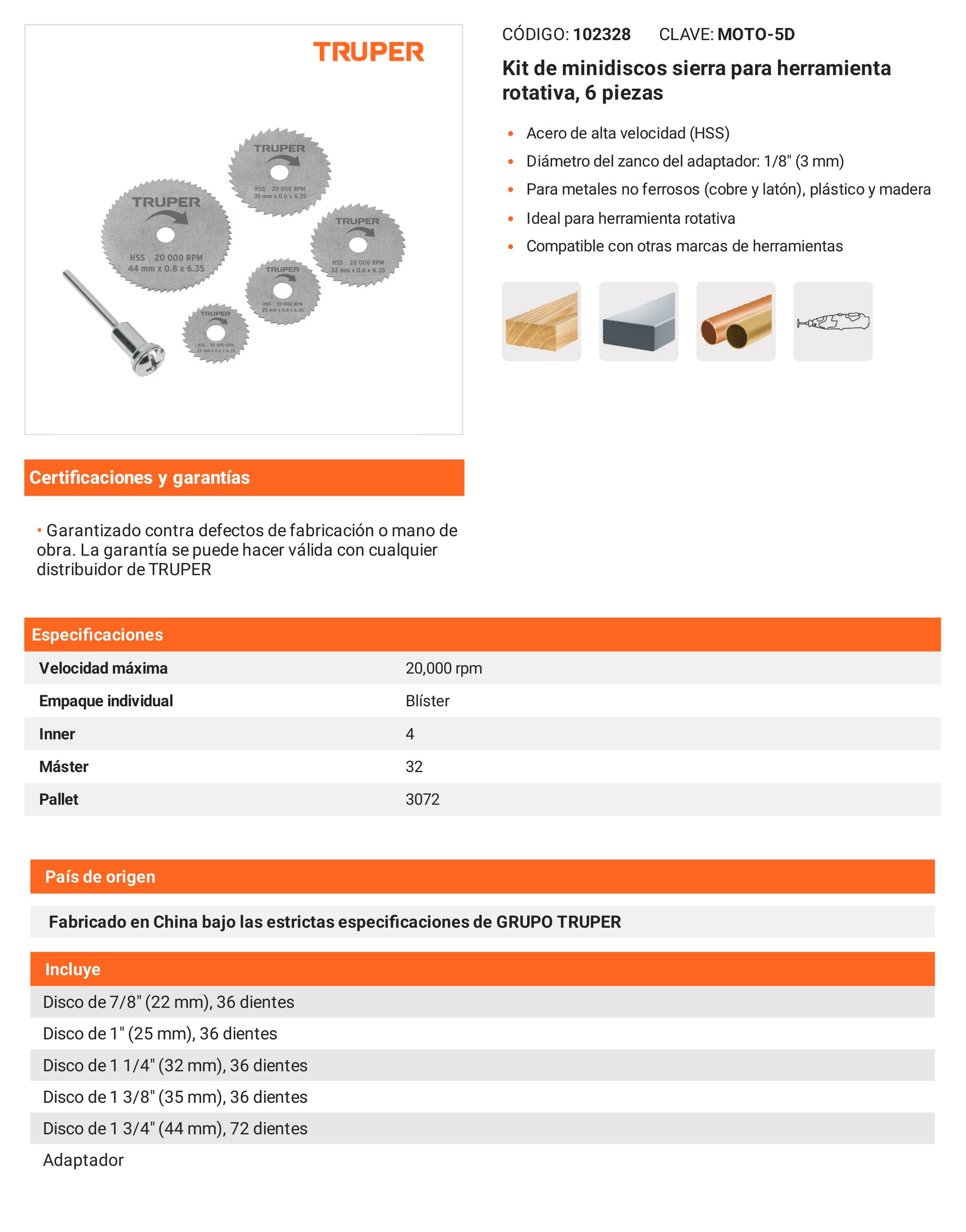 Ficha tecnica - Kit de minidiscos sierra para herramienta rotativa - SKU 102328