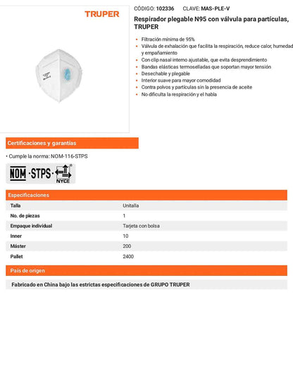 Respirador plegable N95 con válvula