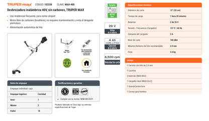 Ficha tecnica - Desbrozadora inalambrica 40V sin carbones - SKU 102338