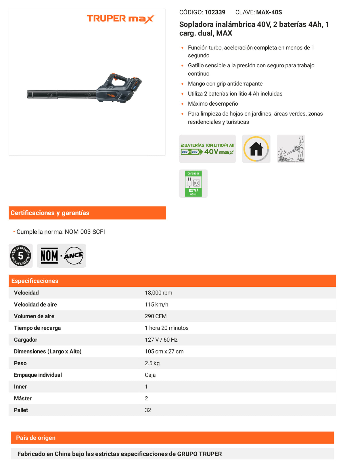 Ficha tecnica - Sopladora inalambrica 40V 2 baterias 4Ah - SKU 102339