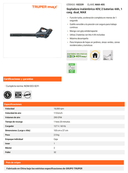 Ficha tecnica - Sopladora inalambrica 40V 2 baterias 4Ah - SKU 102339