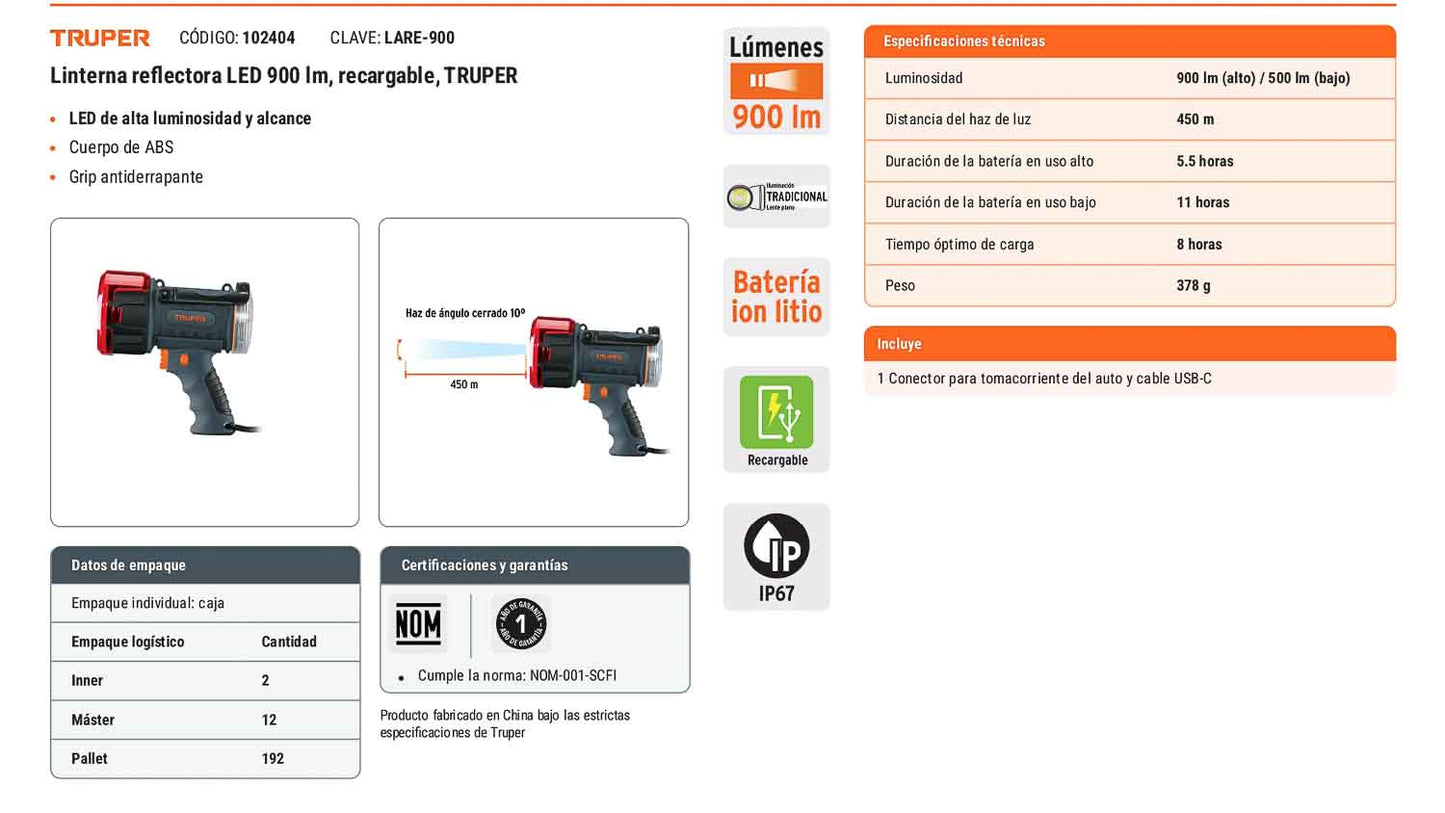 Linterna reflectora LED 900 lm recargable