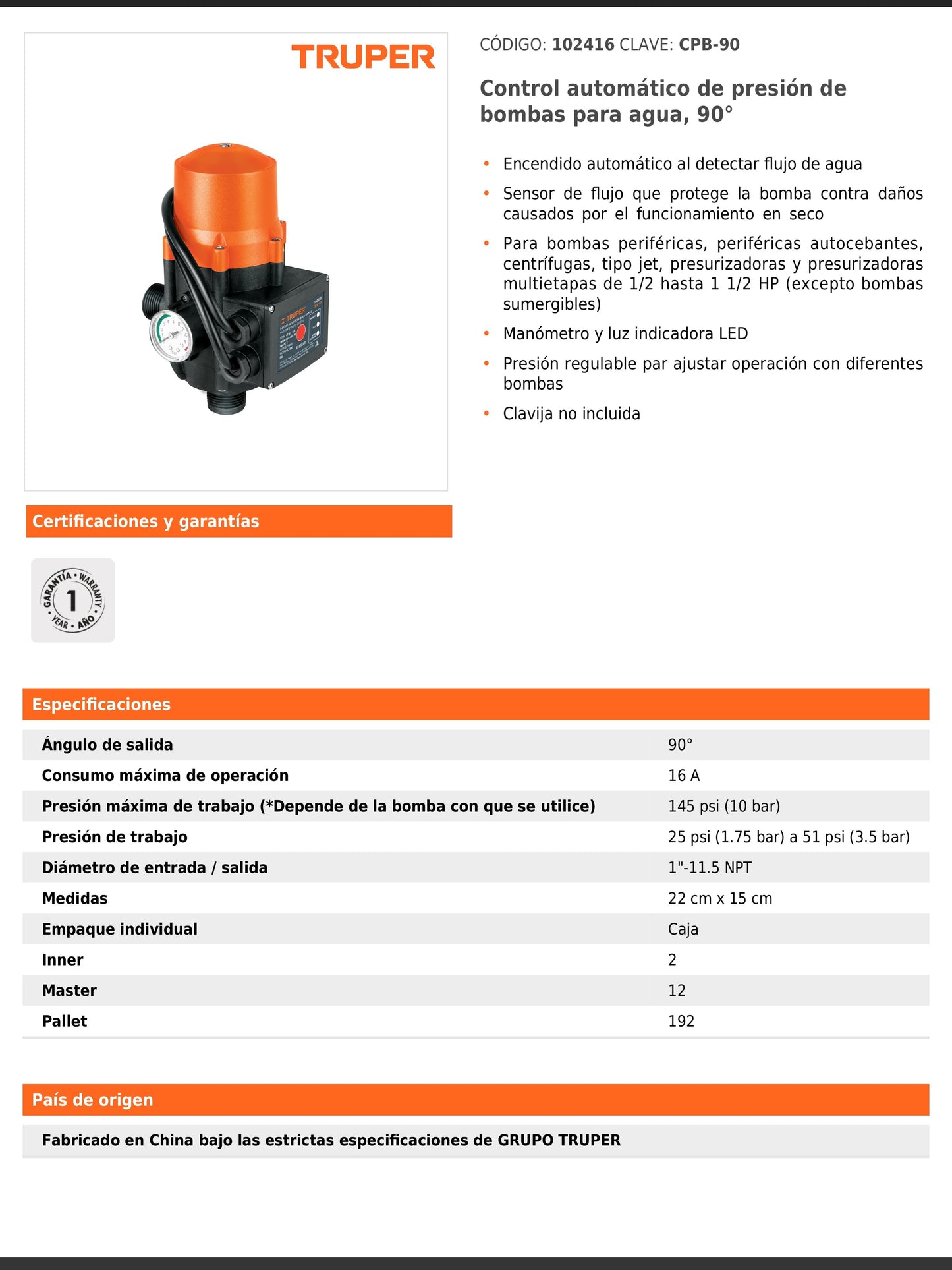 Control automático de presión de bombas para agua de 90 grados
