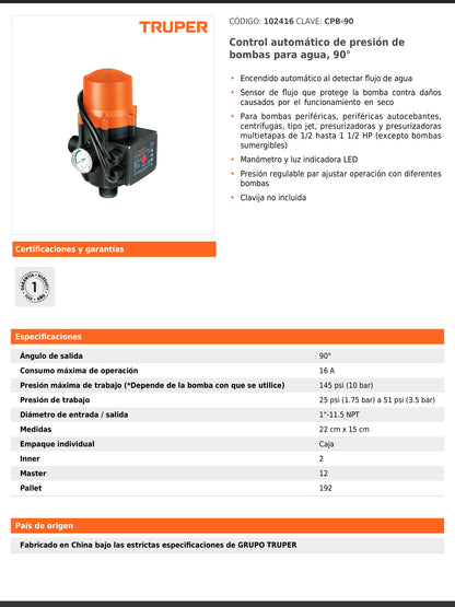 Control automático de presión de bombas para agua de 90 grados