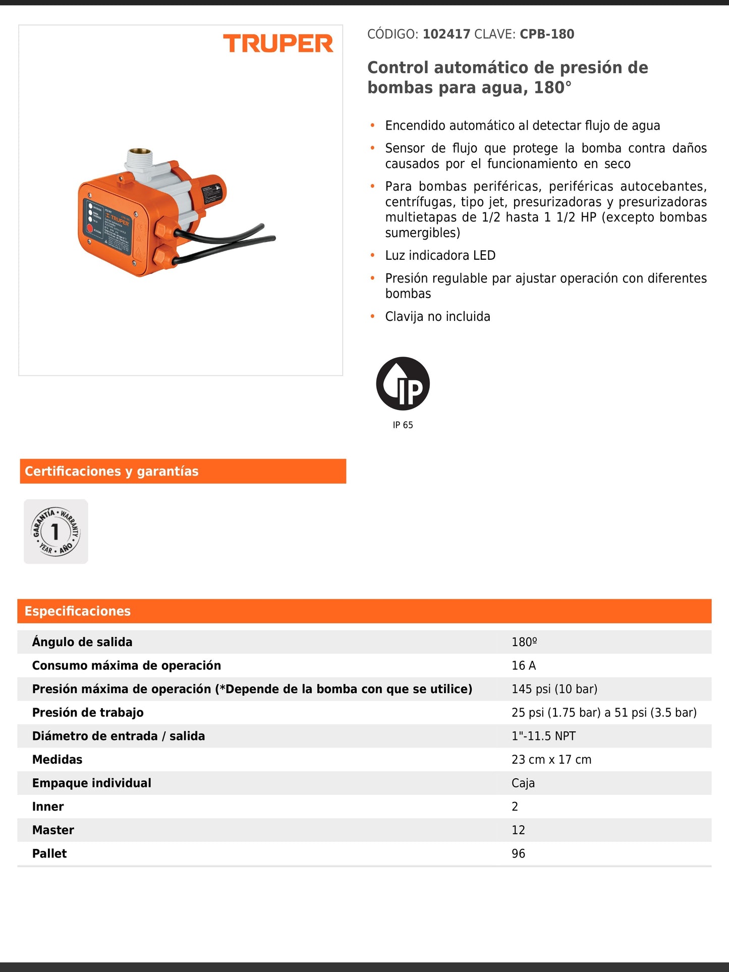Control automático de presión de bombas para agua de 180 grados