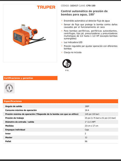 Control automático de presión de bombas para agua de 180 grados
