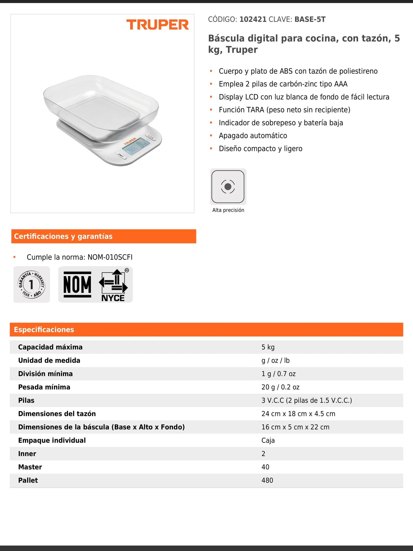 Báscula digital para cocina de 5 kg con tazón