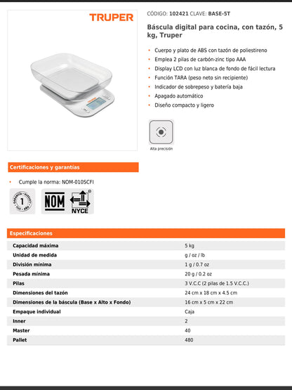 Báscula digital para cocina de 5 kg con tazón