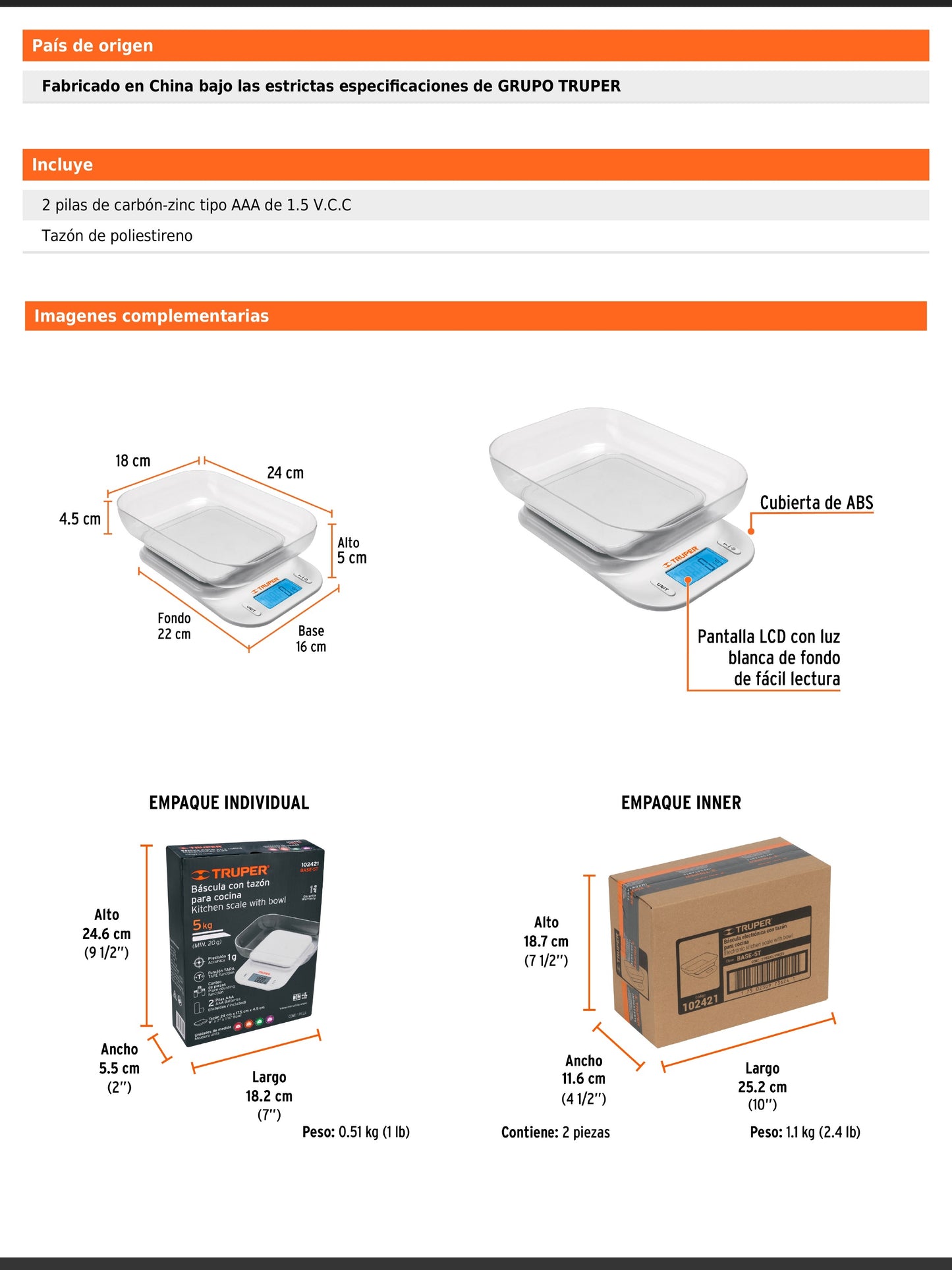 Báscula digital para cocina de 5 kg con tazón