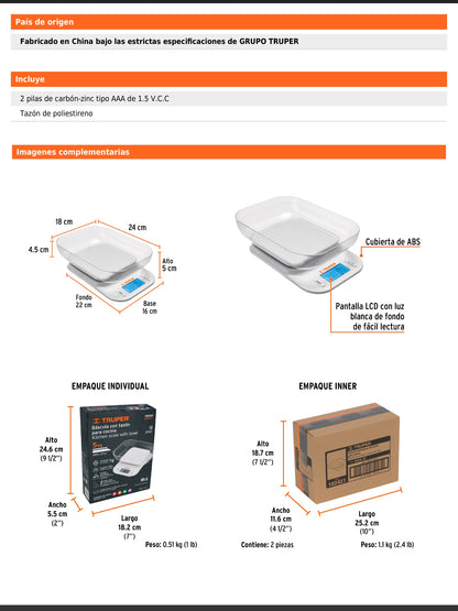 Báscula digital para cocina de 5 kg con tazón