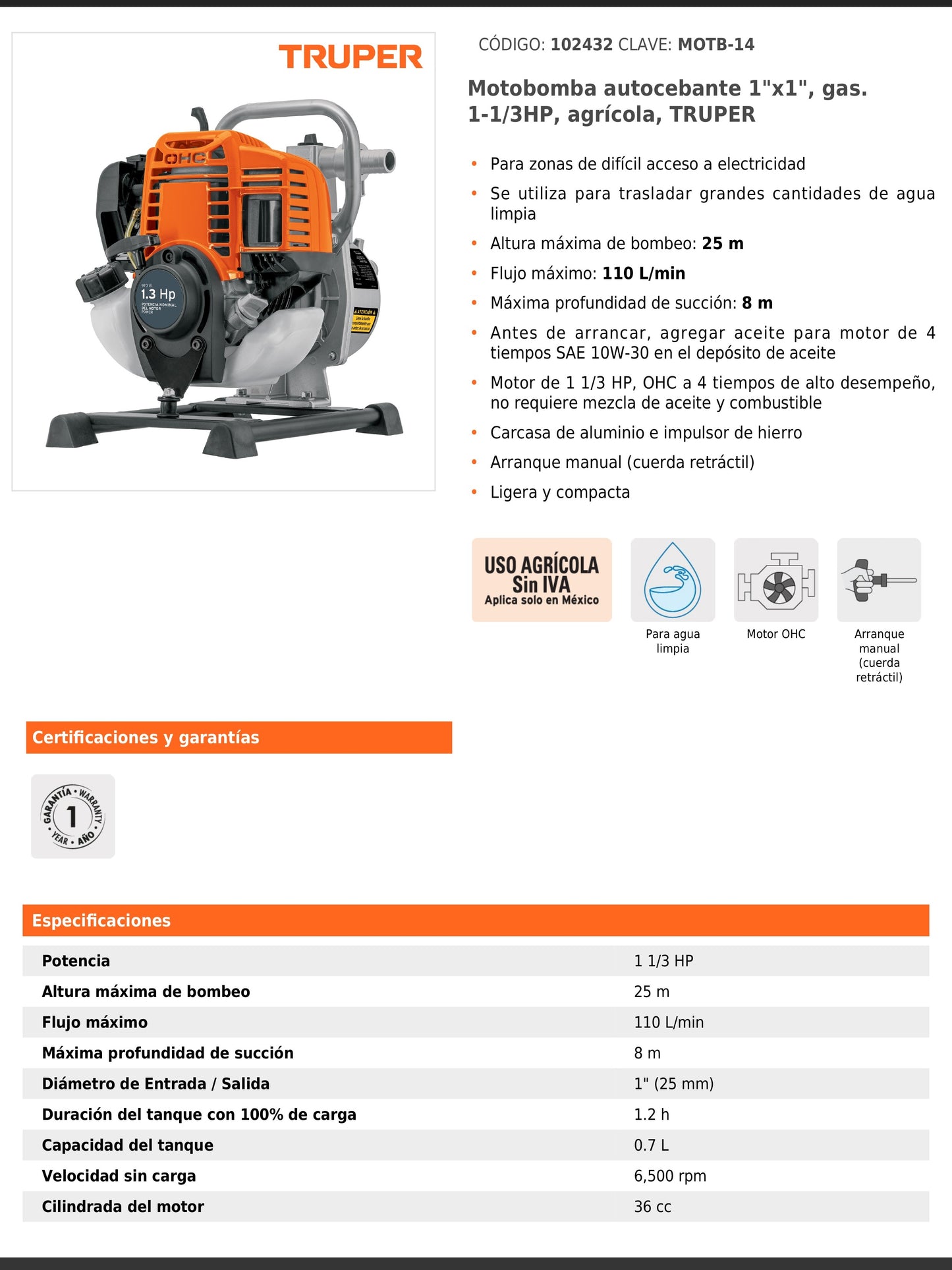 Motobomba autocebante de 1 pulgada por 1 pulgada a gasolina de 1 1/3 HP agrícola