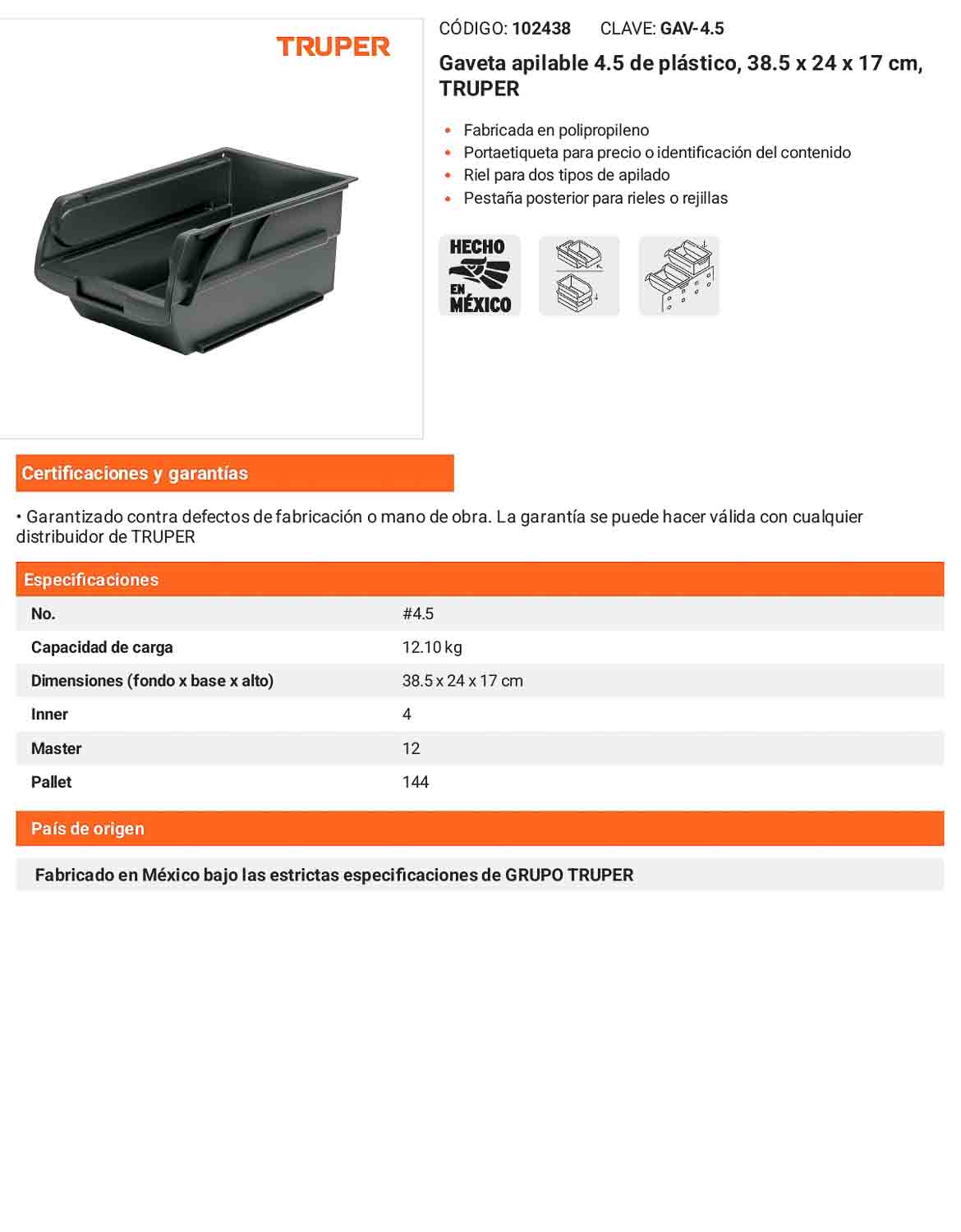 Gaveta apilable 45 de plástico